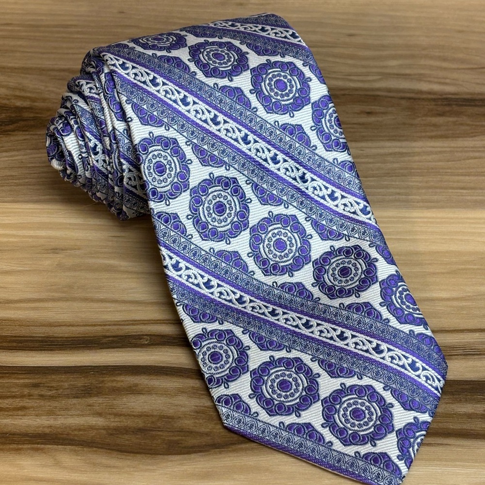 Paul Fredrick Purple/White and Silver geometric design silk tie 59” by 3.5”